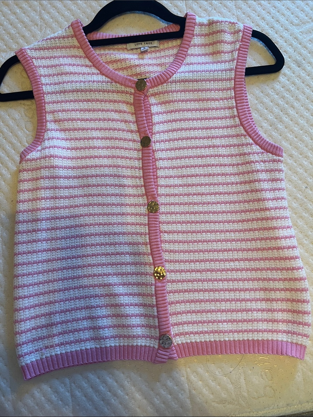 Love Tree Pink & White Striped Knit Button Vest